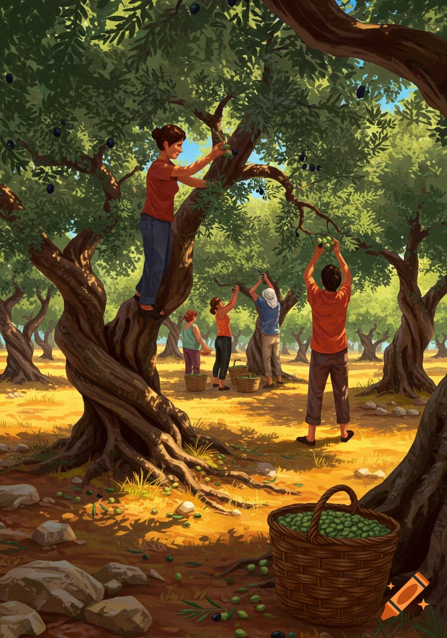 Several people pick olives from gnarled trees in a sunny orchard, with baskets of olives on the ground. Illustrated style.