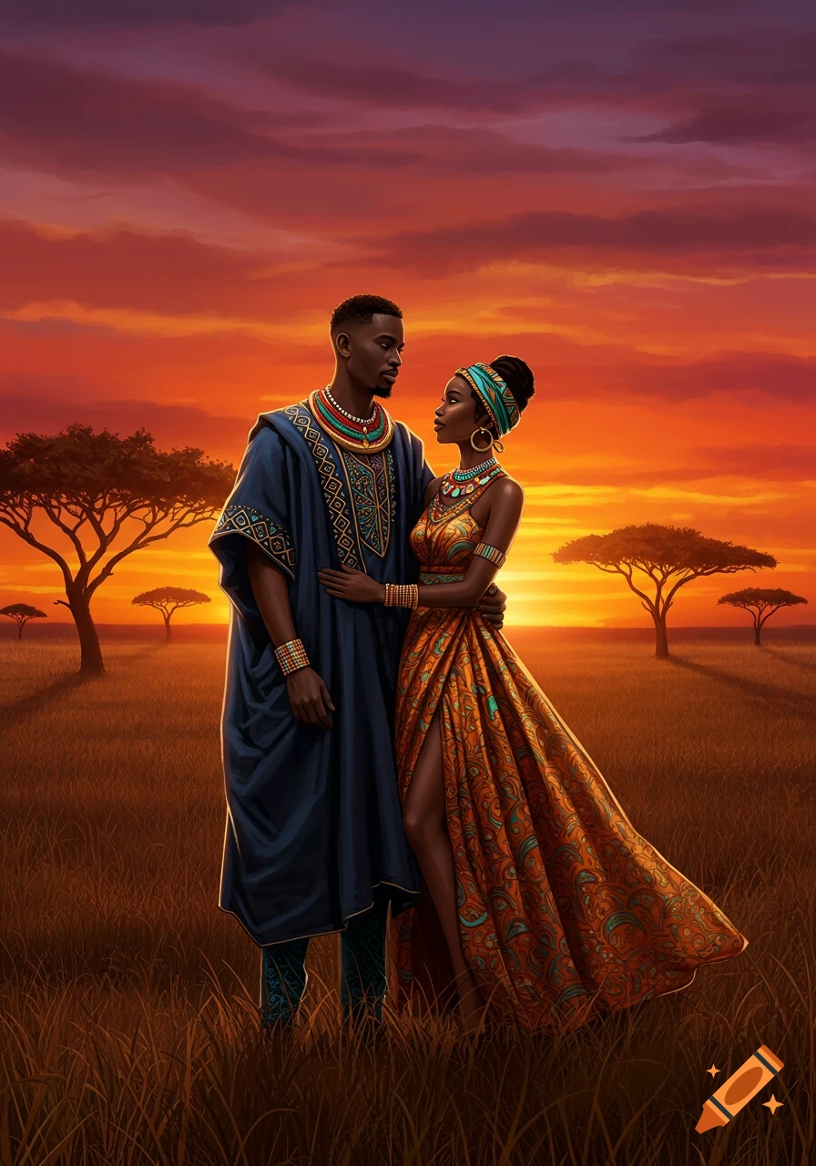 An African couple in traditional attire stands embraced in a savanna field at sunset.