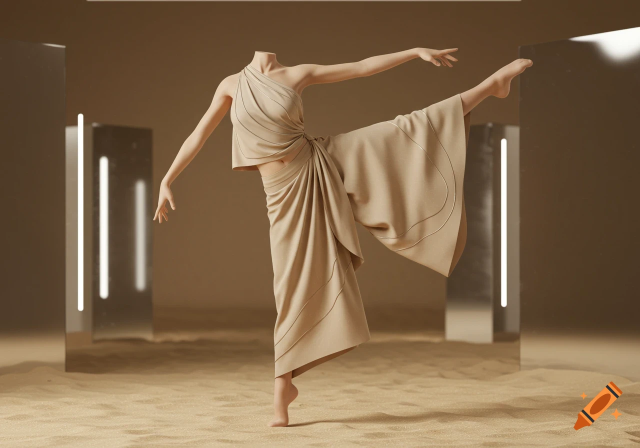 A headless figure in a flowing neutral contemporary dance costume poses on sand with mirrored panels.
