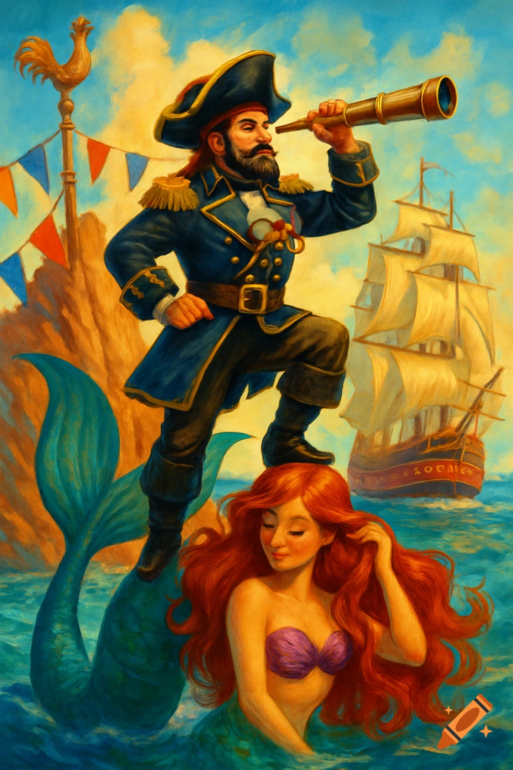 A vibrant painting of a pirate captain standing on a red-haired mermaid's tail, peering through a telescope at sea with a ship in the background.