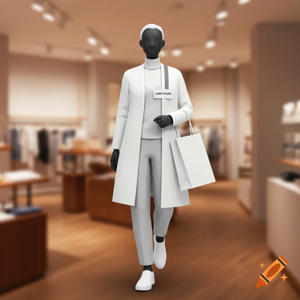 A sleek white mannequin wearing a white coat and pants carries white shopping bags in a blurred retail store background.