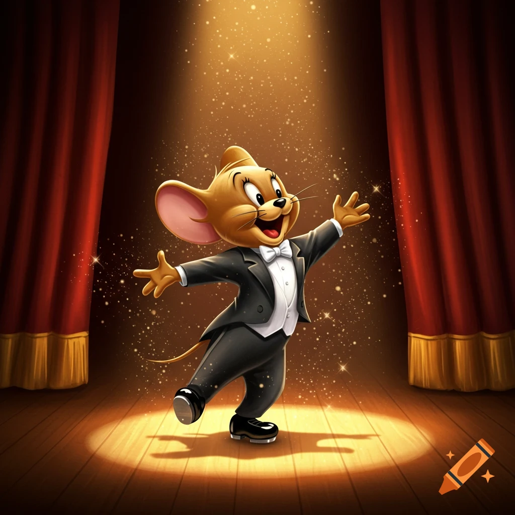 Jerry mouse in a tuxedo tap dances on a spotlighted stage with red curtains, sparkling with glitter.