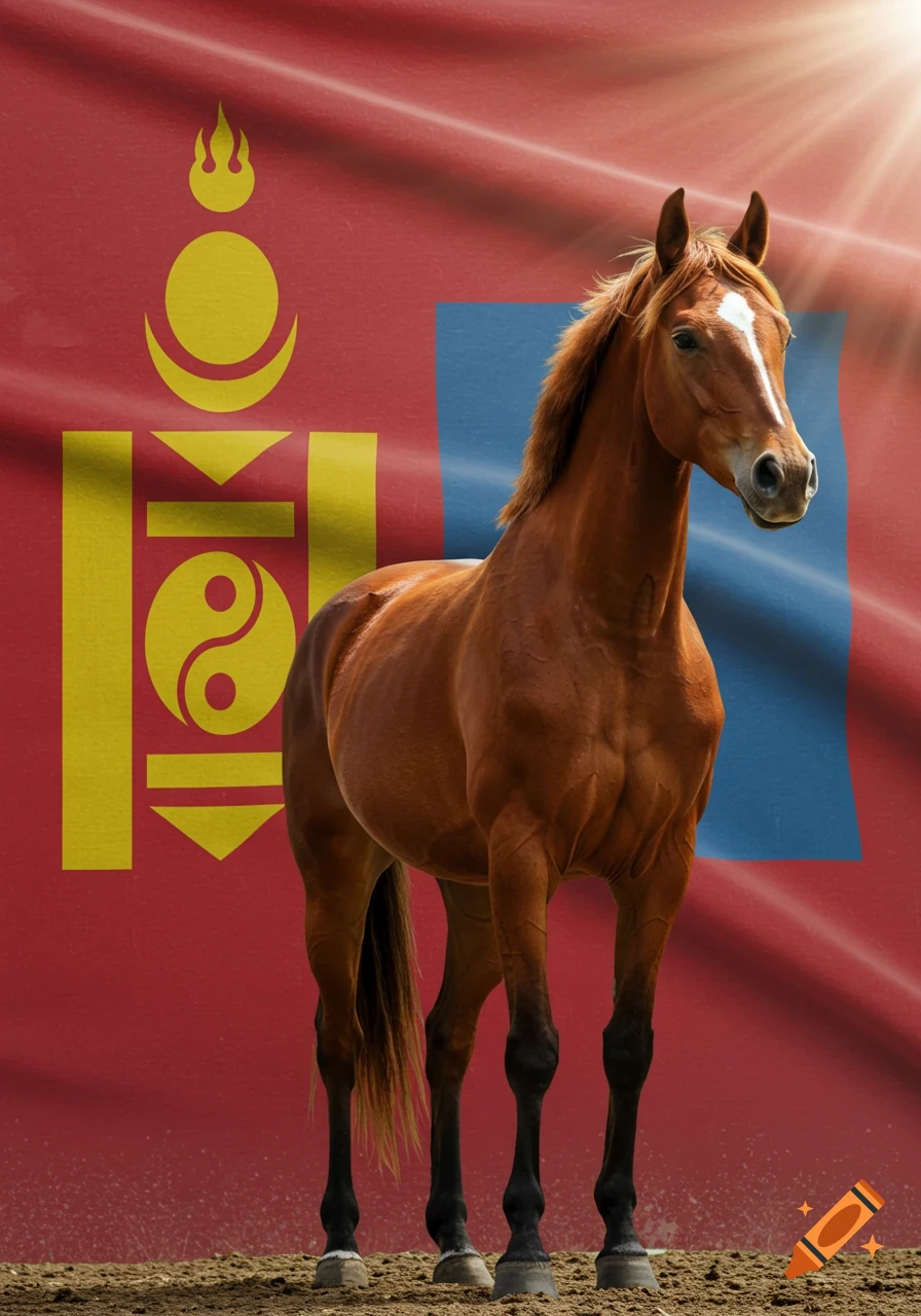 A photorealistic brown horse stands majestically against a waving red Mongolian flag featuring a golden Soyombo symbol, illuminated by sunlight.