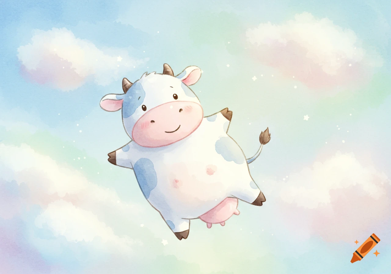 A cute, chubby watercolor cow with blue spots flies in a pastel sky with soft clouds.