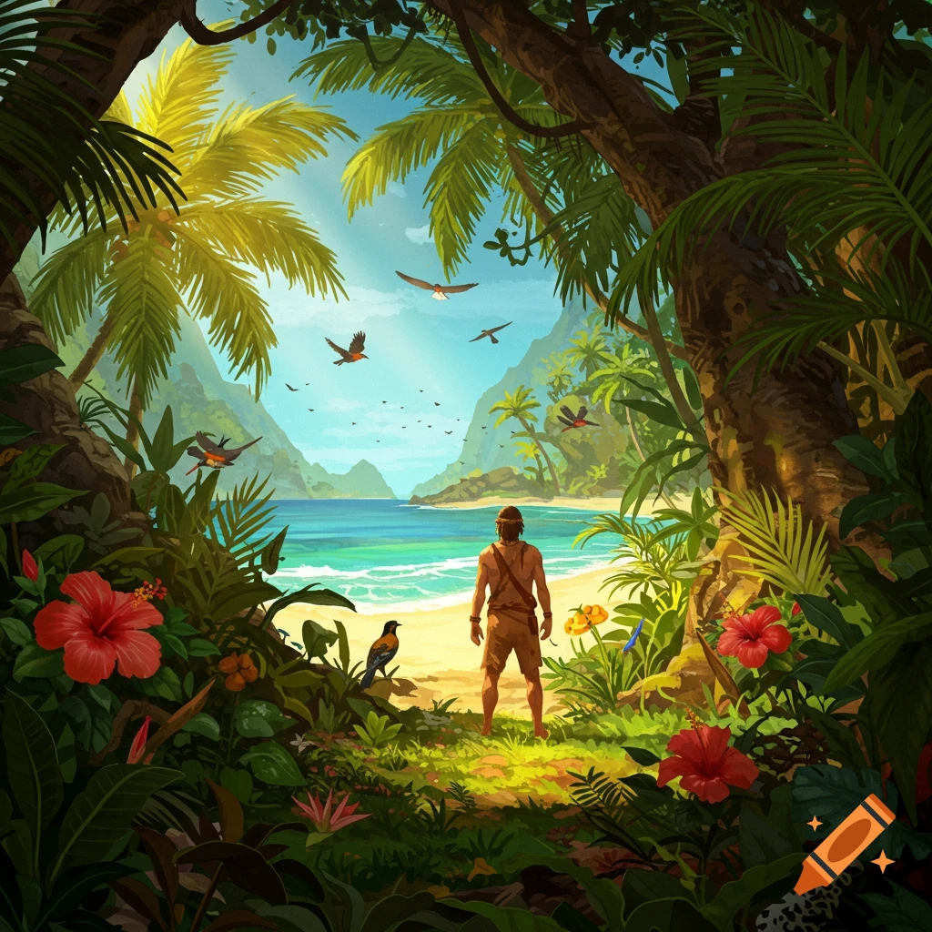 Stylized illustration of a man viewing a tropical beach and ocean from a lush jungle clearing with birds flying.