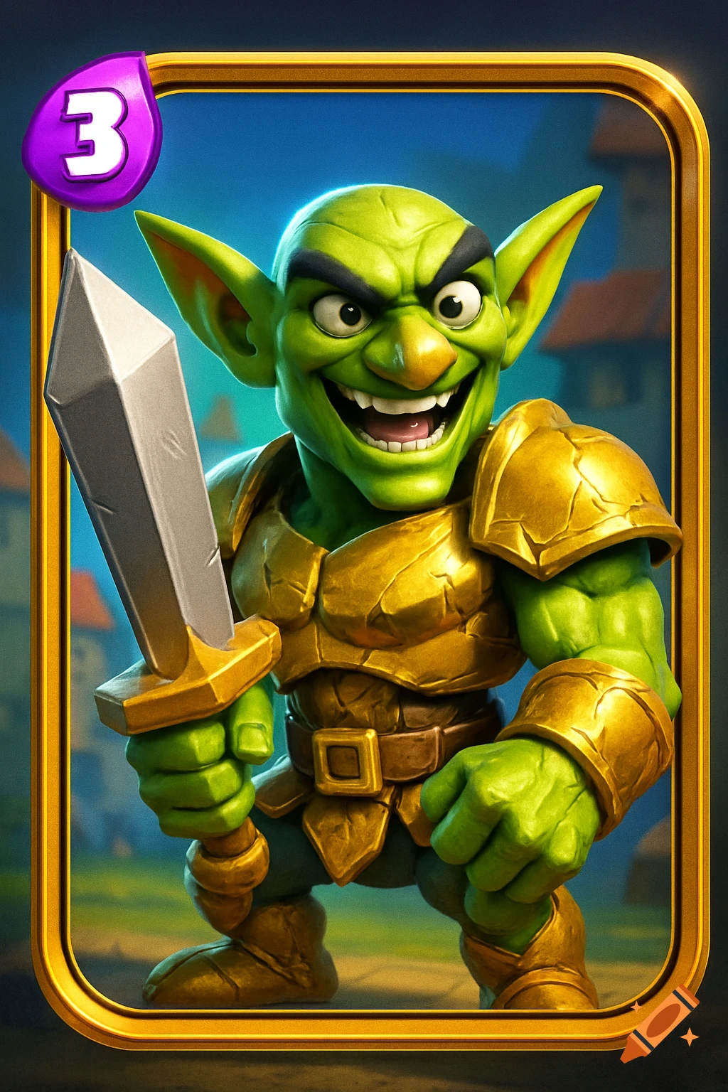 A muscular, mischievous-looking green goblin in golden armor, holding a large sword, in a vibrant Clash Royale-style fantasy card with a '3' icon.