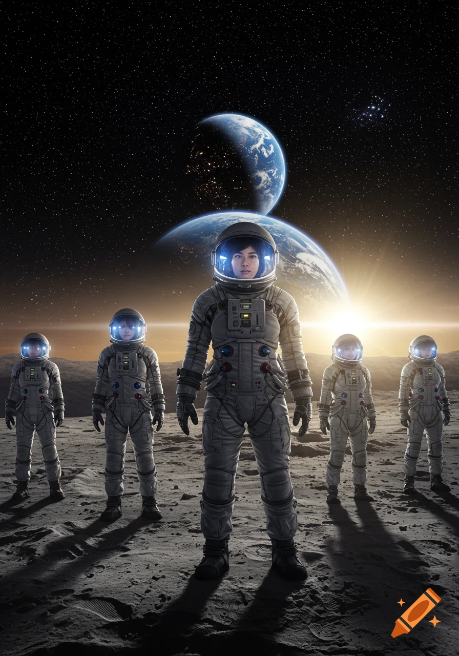 Five female astronauts stand on the moon's surface, with Earth and a distant sun rising in the starry sky.