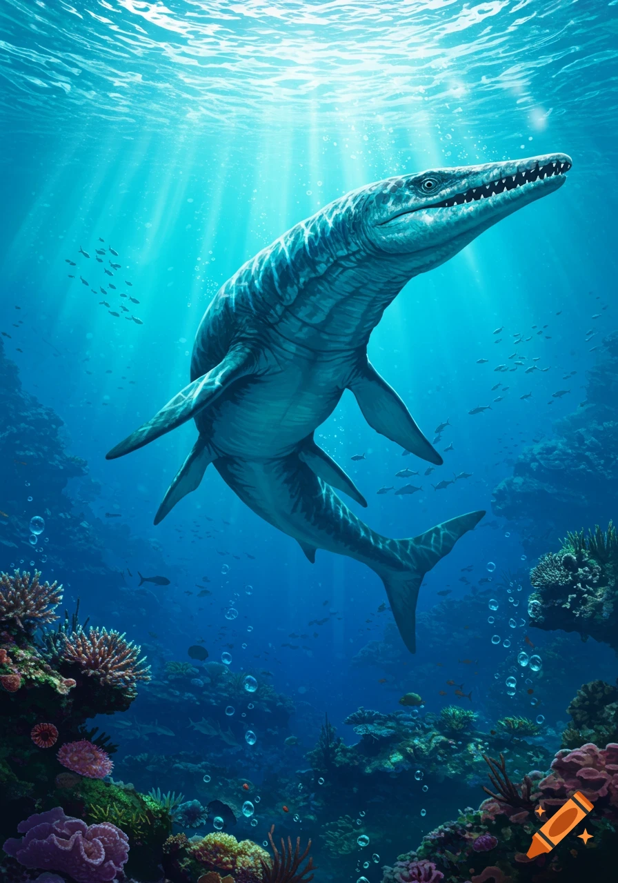A large Mosasaurus swims in a vibrant blue ocean, with sun rays from above illuminating a colorful coral reef below.