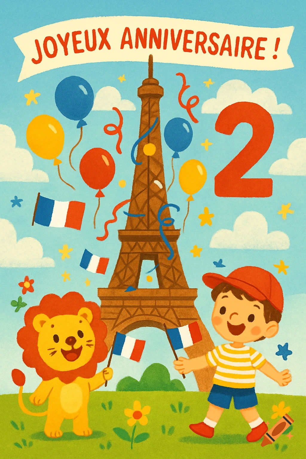 Cheerful cartoon birthday card with a boy, lion, Eiffel Tower, French flags, balloons, 'JOYEUX ANNIVERSAIRE!' and a large number 2.