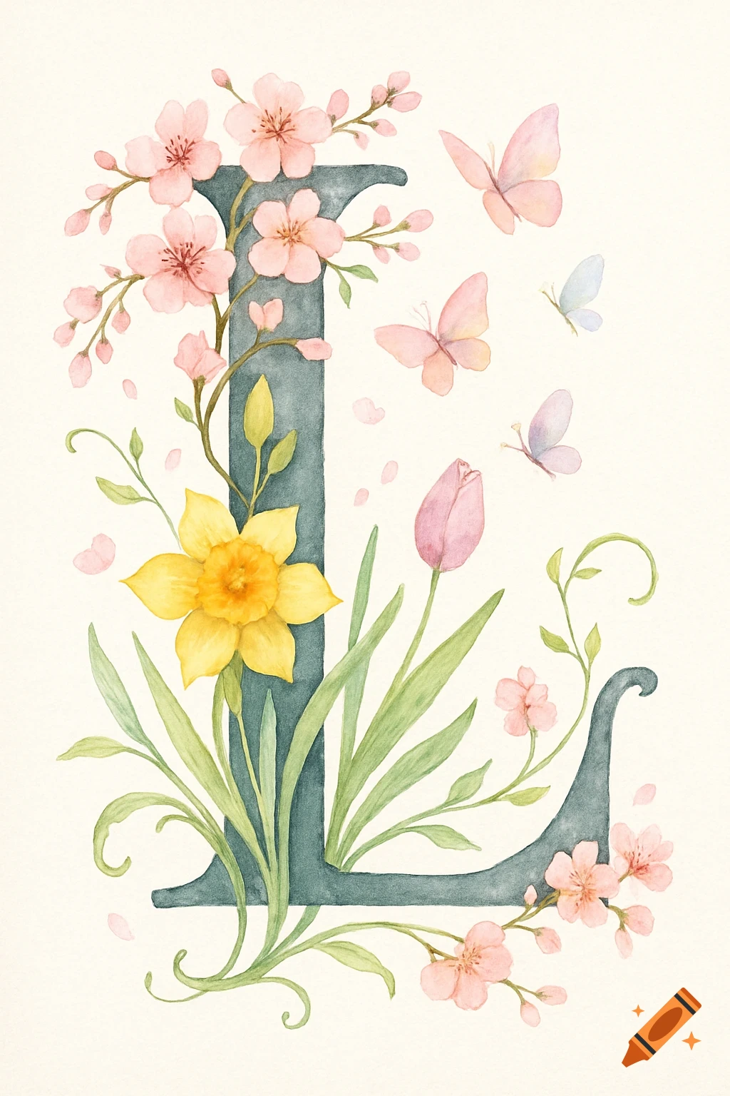 Watercolor illustration of the capital letter L adorned with pink cherry blossoms, a yellow daffodil, a pink tulip, and pastel butterflies, on a light background.