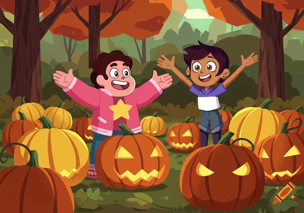 Cartoon characters Steven Universe and Luz Noceda happily stand in an autumn pumpkin patch filled with carved jack-o'-lanterns.