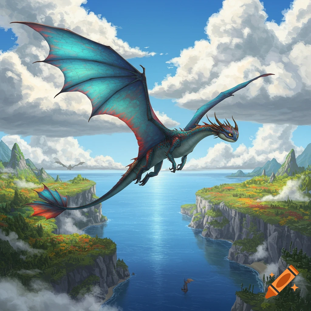 A large teal and red dragon with glowing eyes flies over a vibrant ocean inlet framed by green cliffs under a clear blue sky.