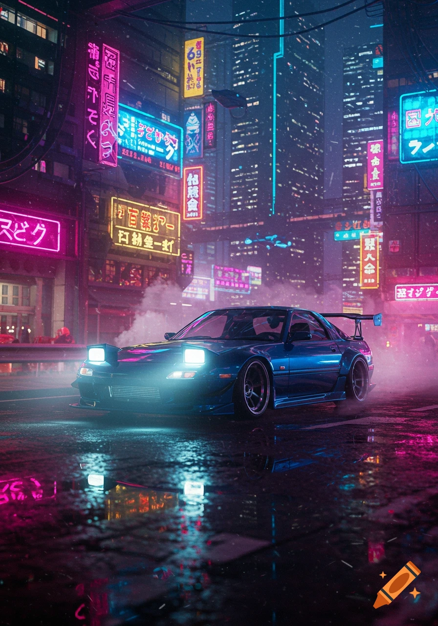 A midnight blue custom RX7 sports car parked on a wet street in a vibrant, neon-lit cyberpunk city at night.