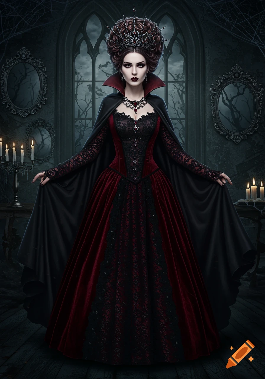 A gothic queen with dark hair and a crown, wearing a red and black lace gown and a cape, stands in a dark, ornate room.