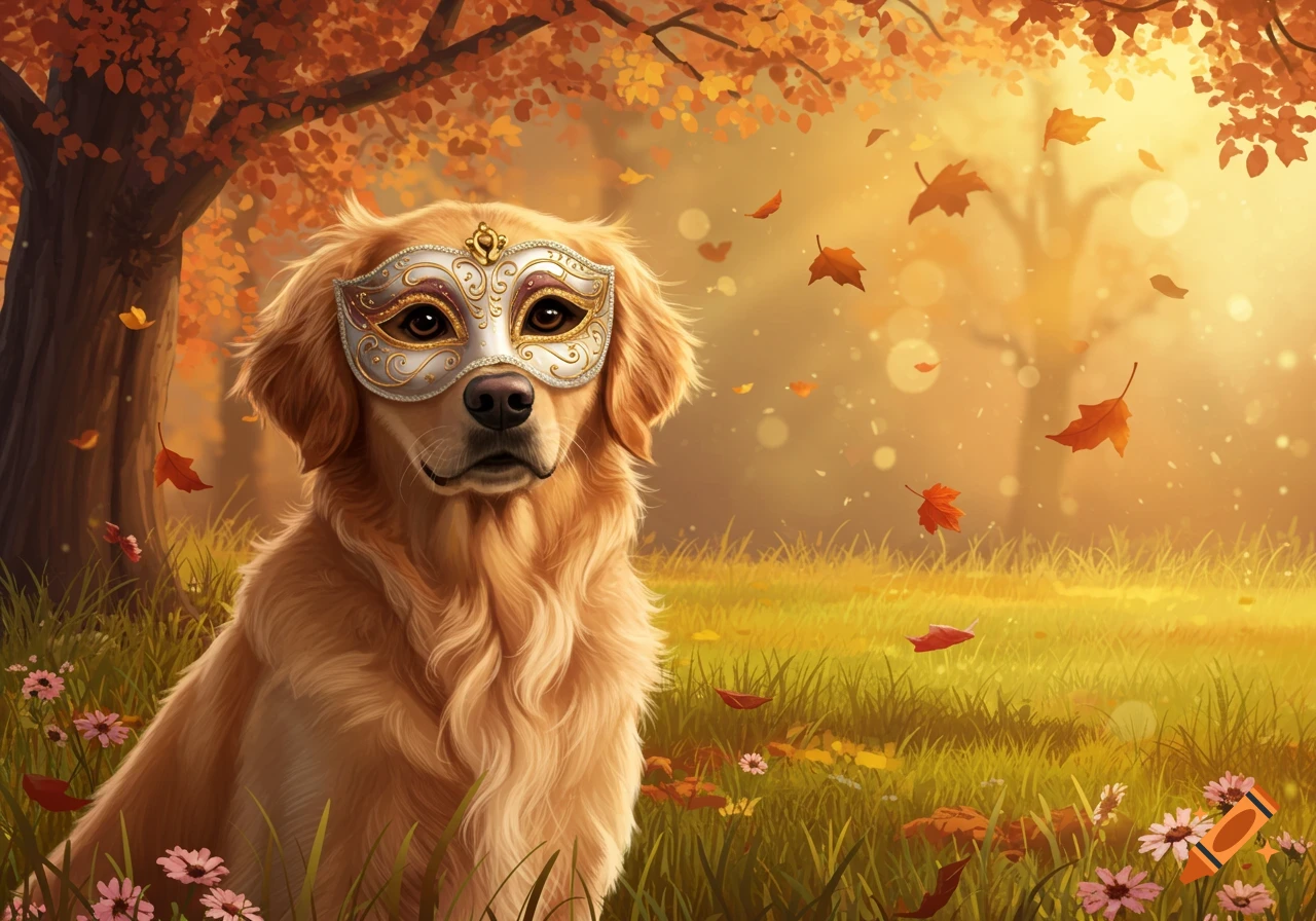 A golden retriever dog wears an ornate Venetian mask in a sunlit autumn field with falling orange leaves, digital art.