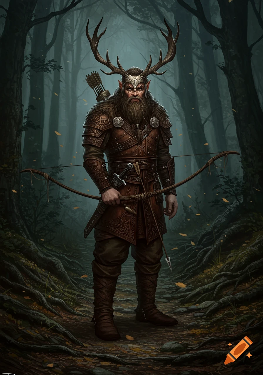 A bearded man with stag antlers wearing leather armor stands on a dark forest path, holding a long bow. Detailed fantasy illustration.