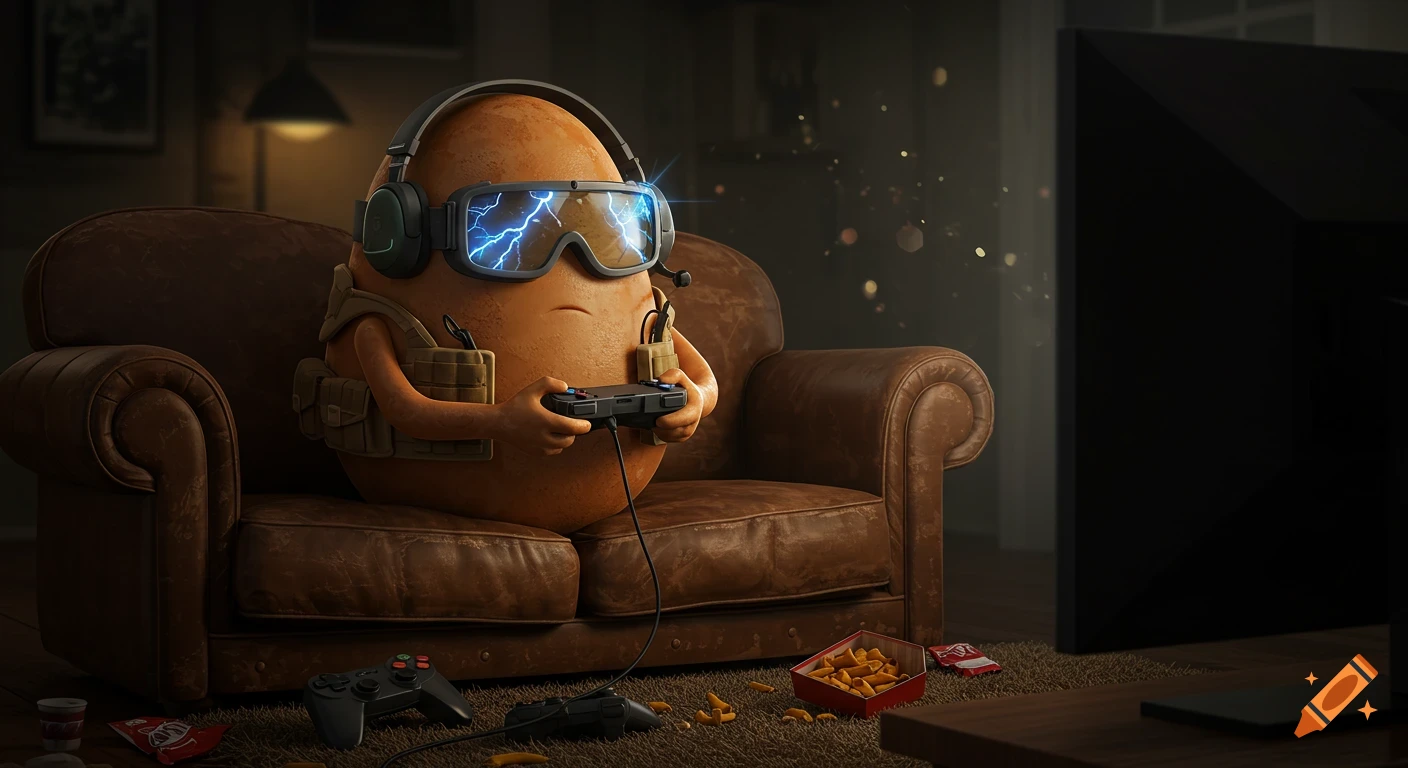 An anthropomorphic potato in headphones and glowing goggles, wearing a tactical vest, sits on a couch playing video games.
