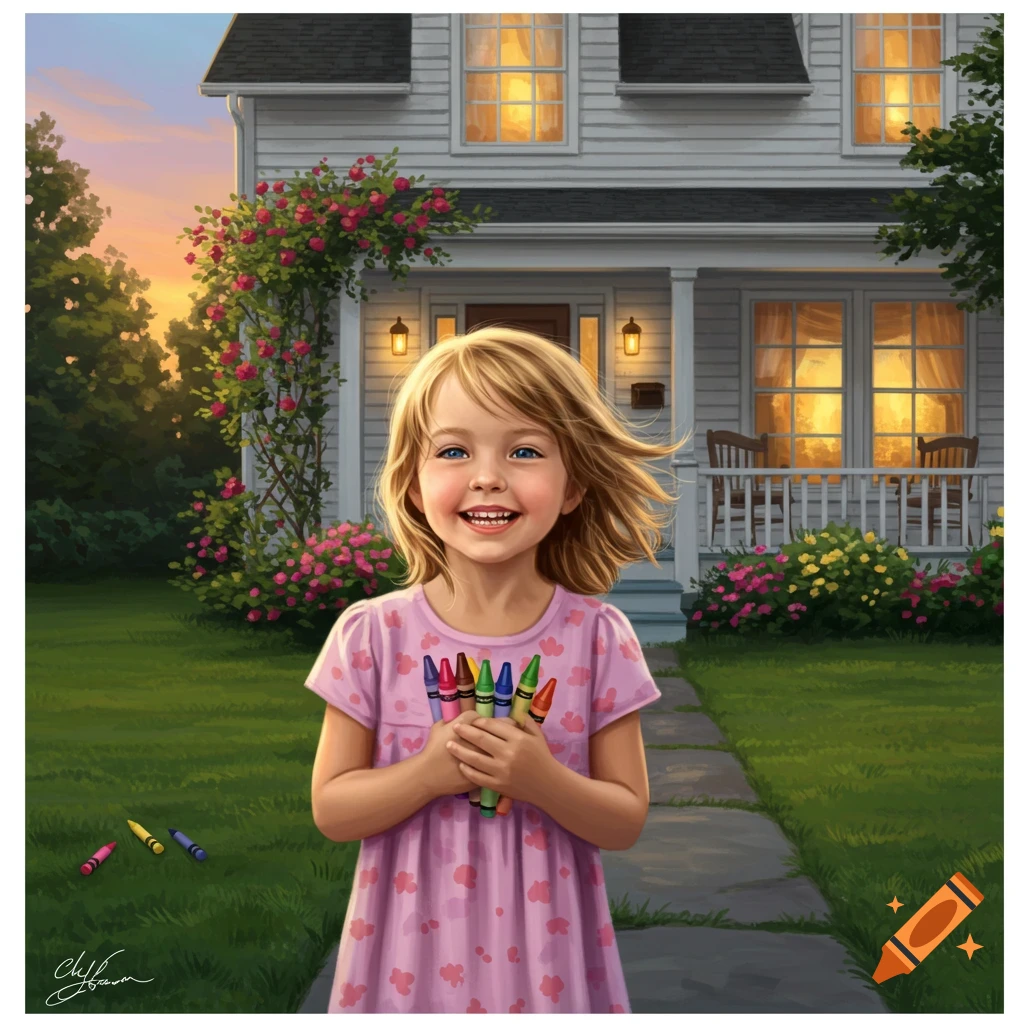 A happy young girl with blonde hair holds a bunch of colorful crayons while standing on a path in front of a charming house with blooming roses.