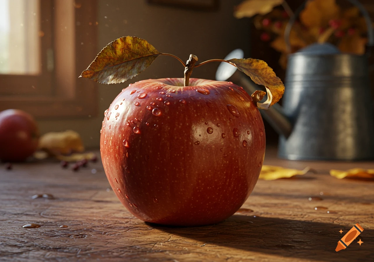 A vibrant red apple covered in water droplets with two dried autumn leaves attached to its stem rests on a wooden table. A watering can is in the blurred background.