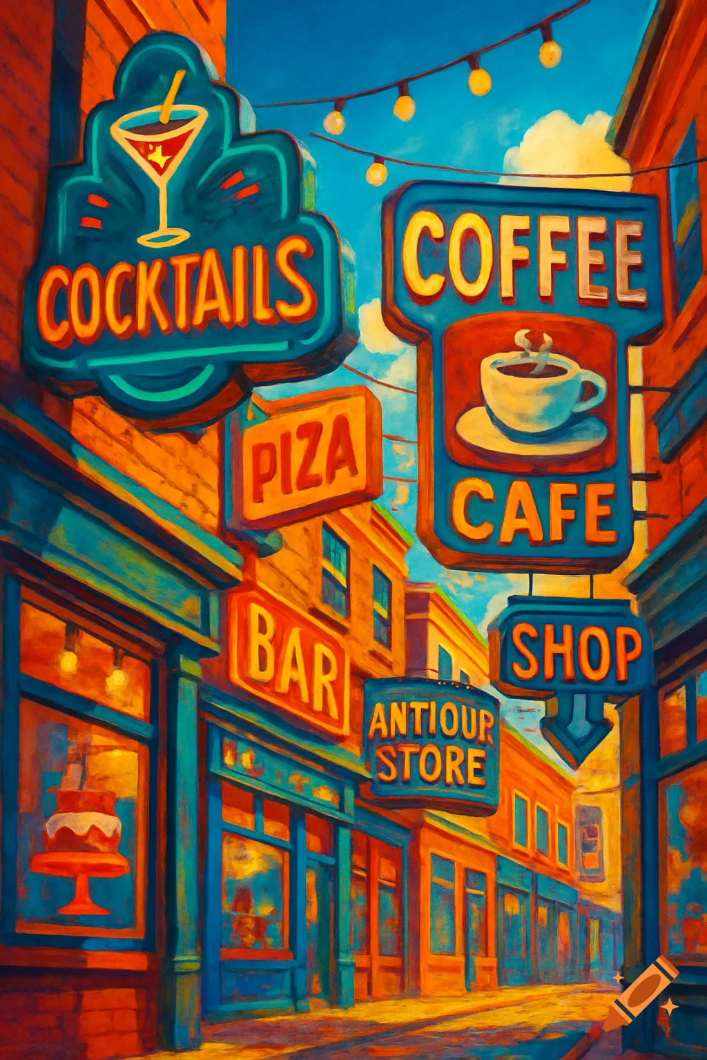 A vibrant, colorful painting of a bustling street with numerous neon shop signs for cocktails, coffee, pizza, and a bar.