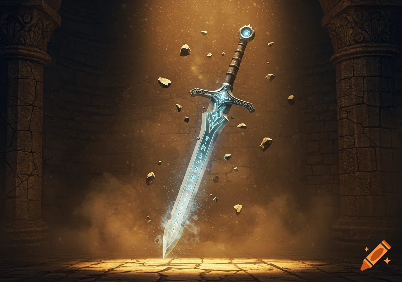 A glowing, ornate magic sword hovers upright in a dark, ancient stone chamber with floating rocks and rays of light.