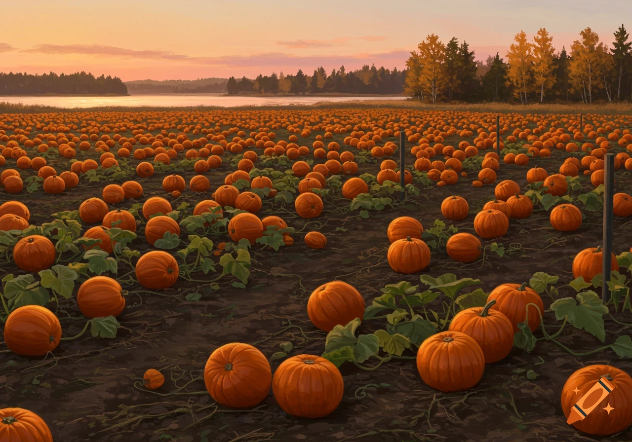 A wide shot of a pumpkin field stretching into the distance under a warm orange sunset sky, with a lake and forest in the background.