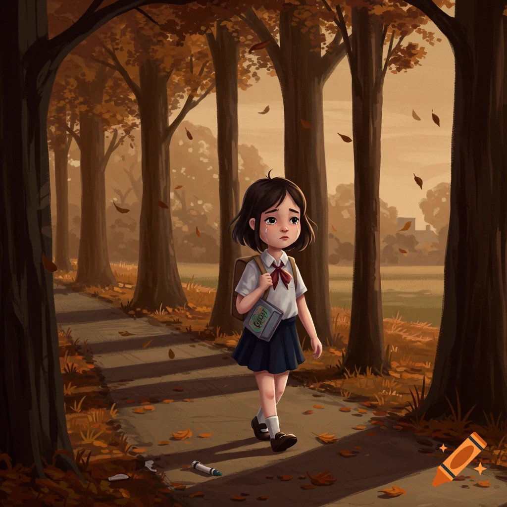 A crying girl in a school uniform walks on a tree-lined path covered in autumn leaves, carrying a backpack and a book. Illustration style.