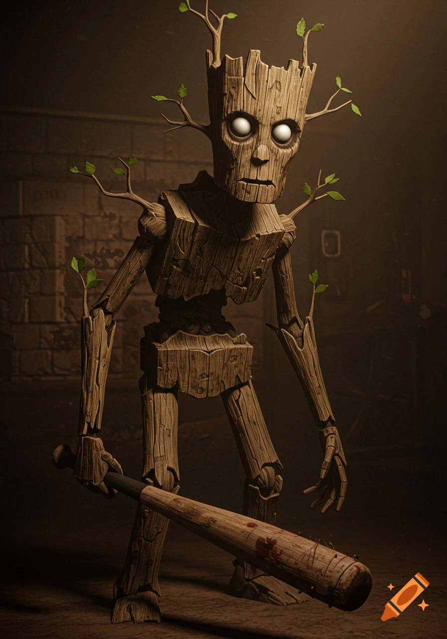 A creepy wooden humanoid figure with large white eyes holds a bloody, spiked baseball bat in a dimly lit, eerie room, resembling a horror animation.