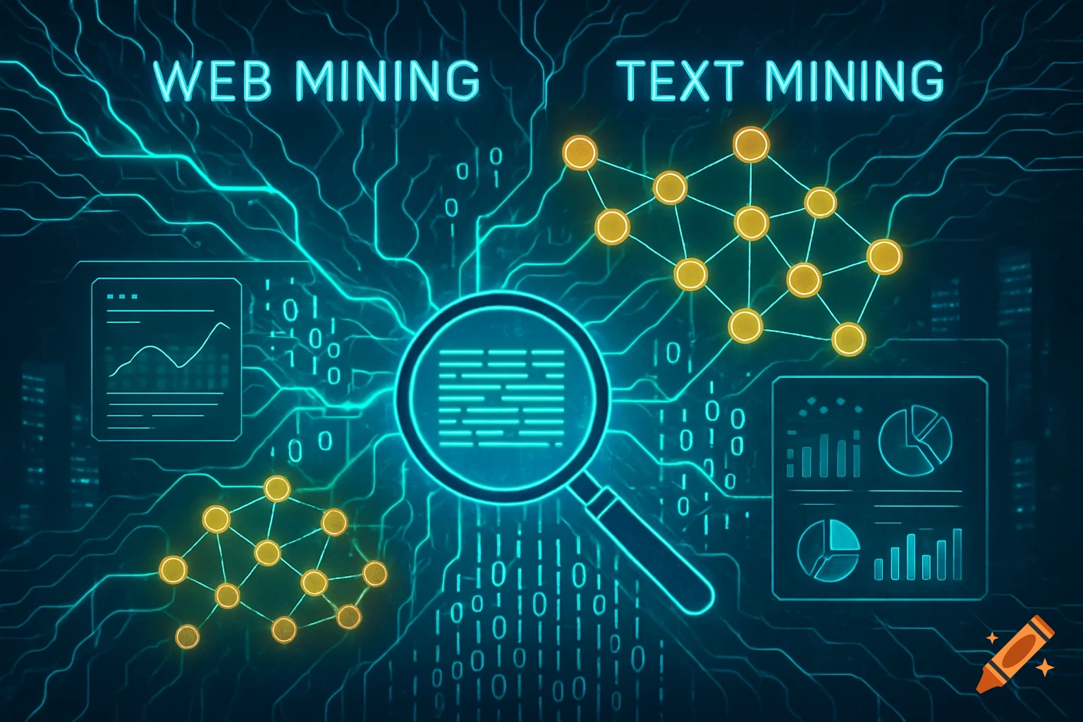 Digital illustration featuring 'WEB MINING' and 'TEXT MINING' titles, with a magnifying glass, data charts, and circuit lines.