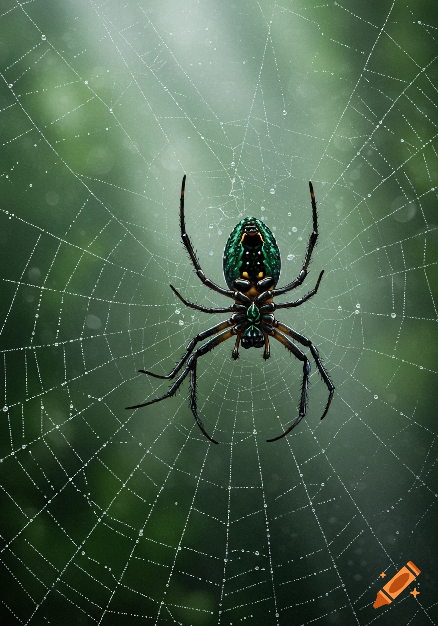 A close-up of a green and black spider on a dew-covered web with a blurred green background.