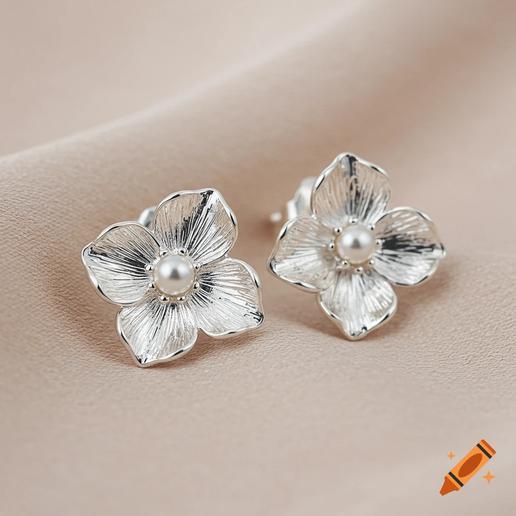 Two silver flower stud earrings, each with a small pearl in the center, rest on a light beige fabric surface.