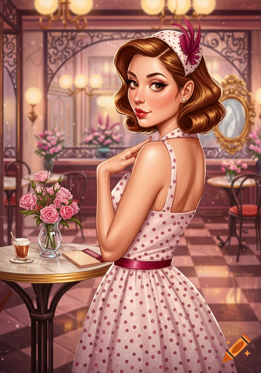 Vibrant illustration of a stylish woman in a pink polka dot dress and feathered headband, posing in a vintage cafe.