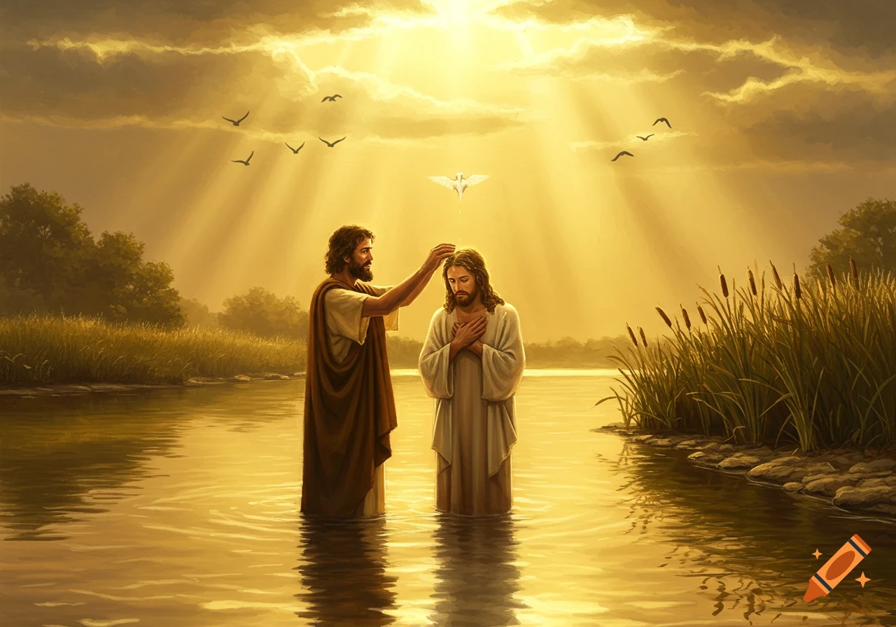 John the Baptist baptizes Jesus in a river with golden light streaming from a cloudy sky, surrounded by reeds.