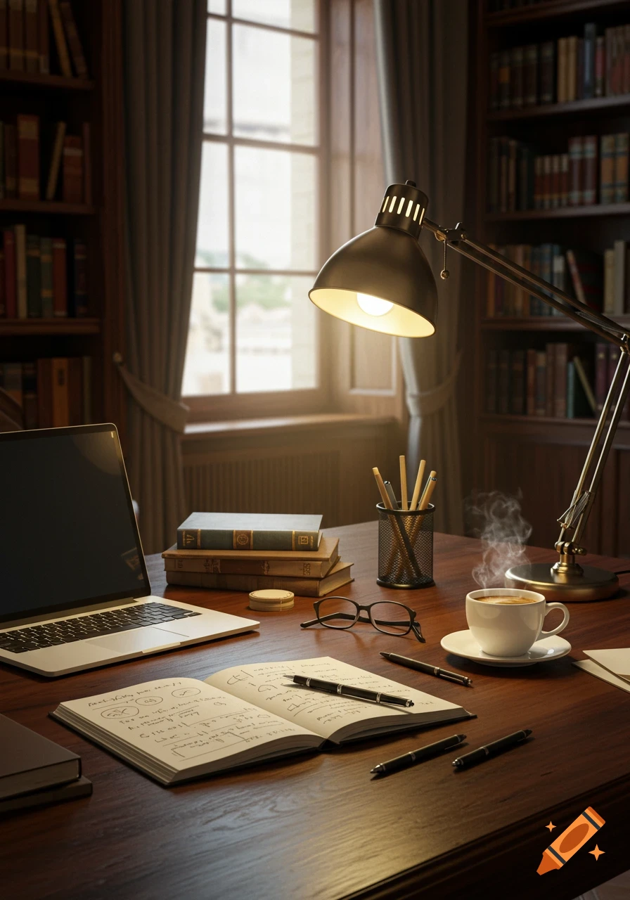 A photorealistic image of a study desk with a laptop, stack of books, a lit desk lamp, steaming coffee, an open notebook with pens, and glasses, set against a window and bookshelves.