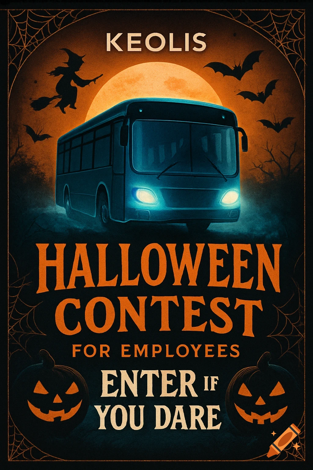 A Halloween contest flyer featuring a bus, witch, bats, and jack-o'-lanterns under an orange moon, with text 'KEOLIS HALLOWEEN CONTEST'.
