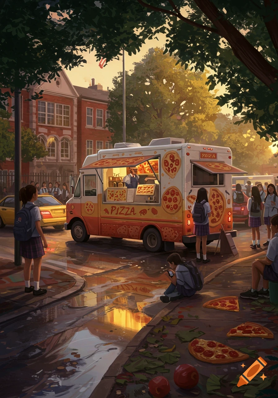 An illustrated street scene shows a pizza truck with children nearby, some on phones. Puddles reflect the warm light.