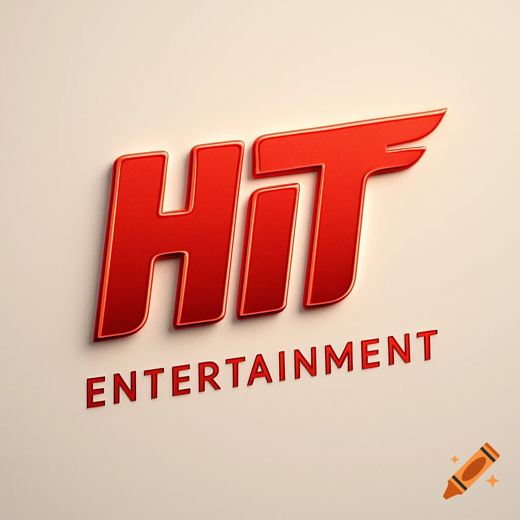 A 3D red logo for HIT ENTERTAINMENT with a stylized swoosh on the letter 'T', set against a light beige background.