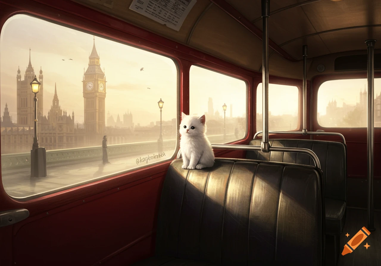 A small white cat sits on a red London bus seat, looking out the window at Big Ben and the city at sunset.