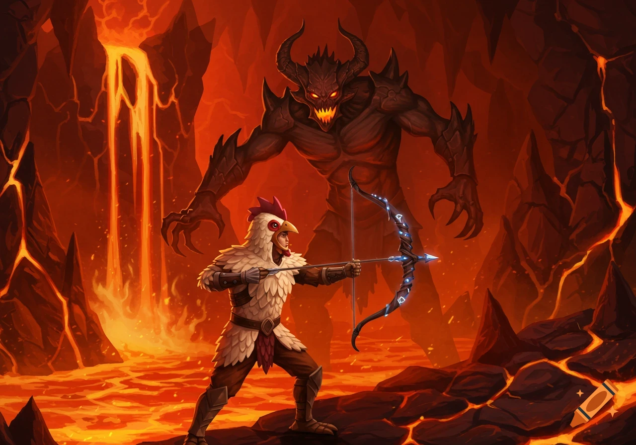 A chicken-suited warrior aims a glowing bow at a horned demon in a lava cave.