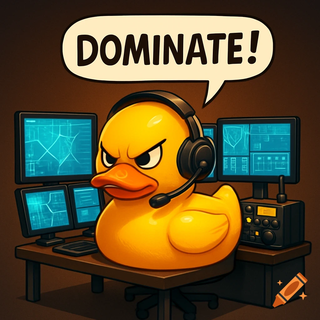 Angry cartoon rubber duck in a headset at a gaming desk with monitors, a speech bubble says "DOMINATE!".