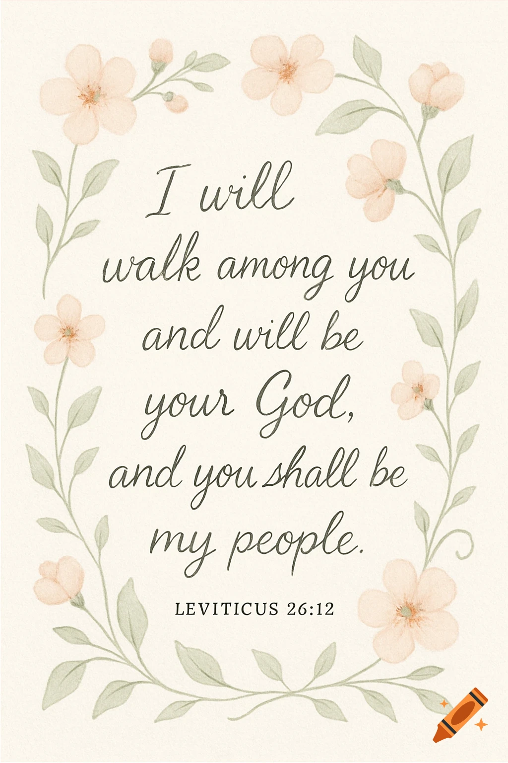 Watercolor illustration of Leviticus 26:12 text "I will walk among you and will be your God, and you shall be my people" framed by peach flowers and green leaves.