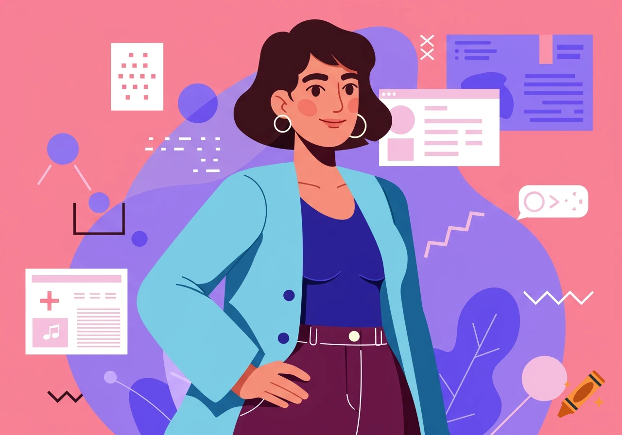 Flat vector illustration of a confident white French woman with short brunette hair, in a stylish outfit, against a colorful tech background.
