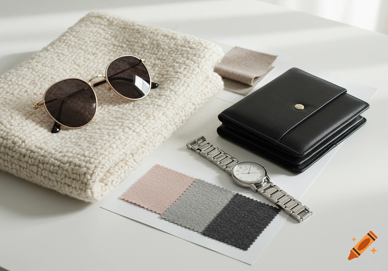 A flat lay of gold-rimmed sunglasses, a black leather wallet, a silver watch, and fabric swatches on a white surface.
