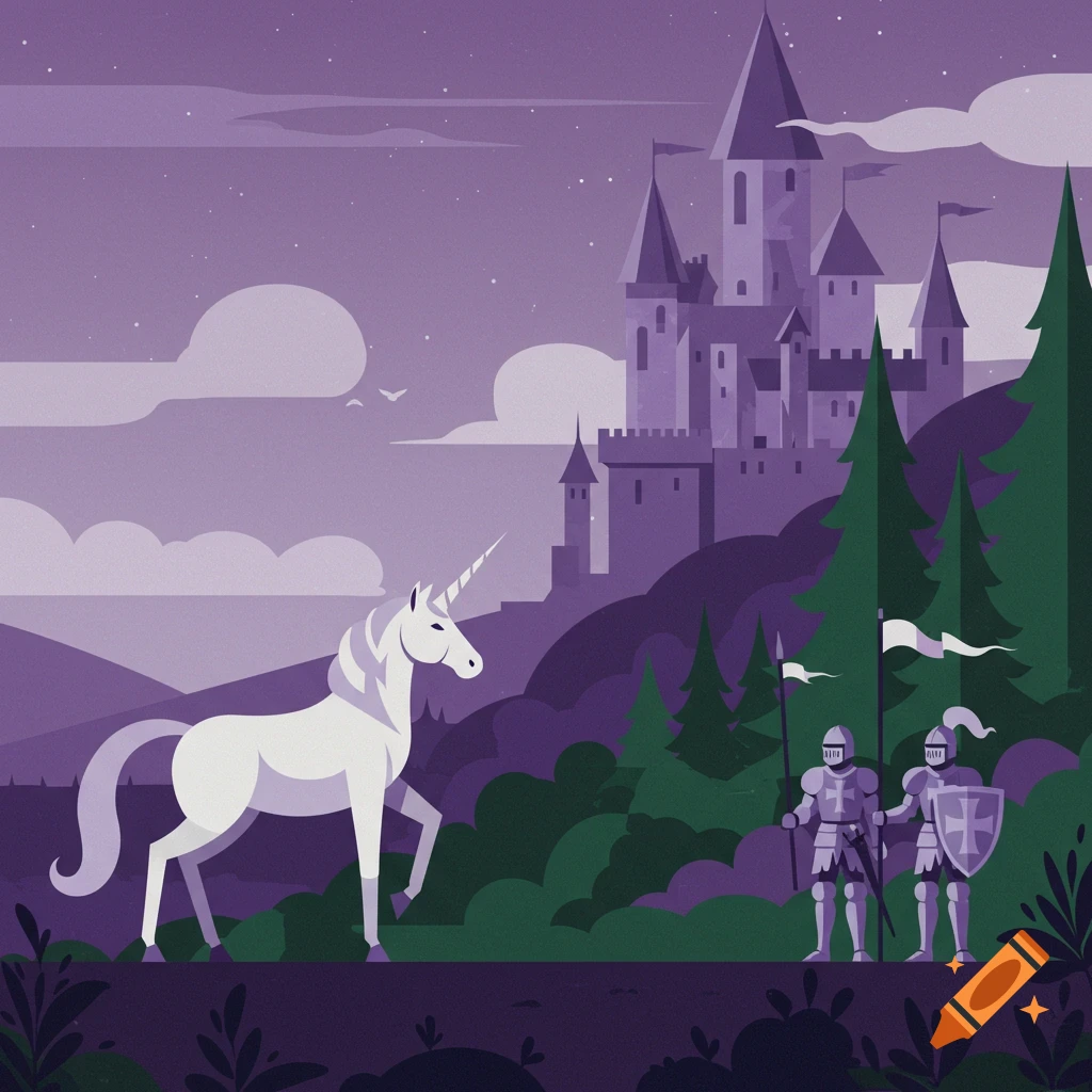 A stylized illustration of a white unicorn standing near two knights with a purple medieval castle on a hill and evergreen trees under a starry sky.