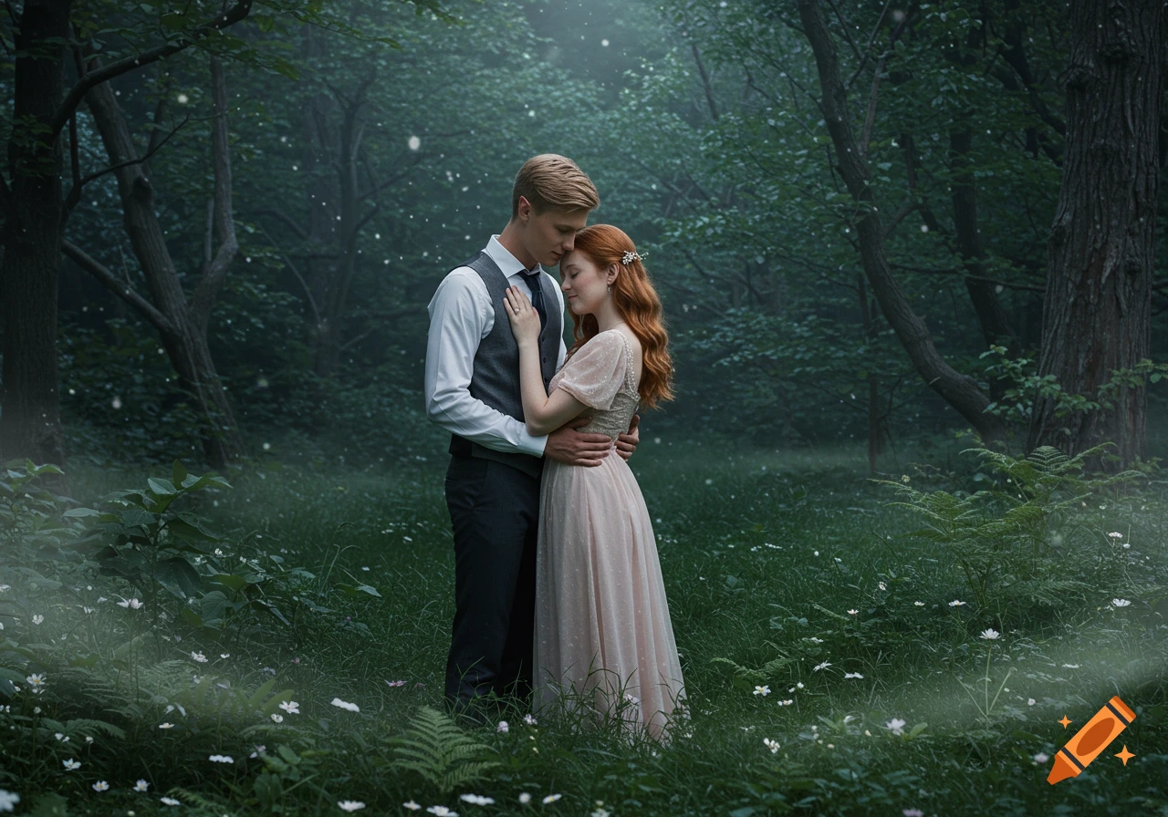 A dark blond man and a strawberry blonde woman embrace lovingly in a misty, dreamlike fairy forest glade.