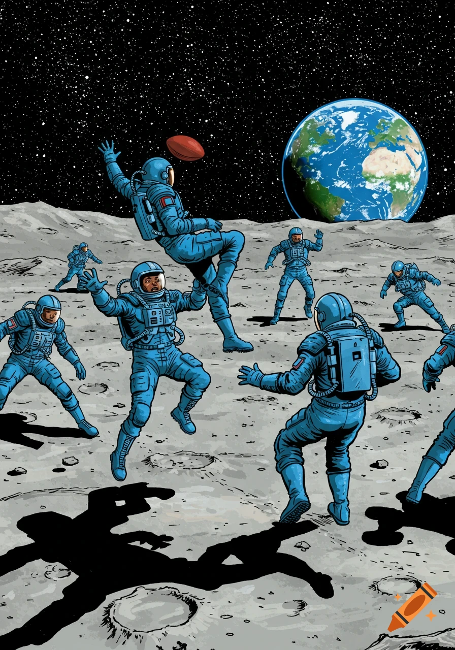 Comic book style illustration of astronauts playing football on the moon, with Earth visible in the background.