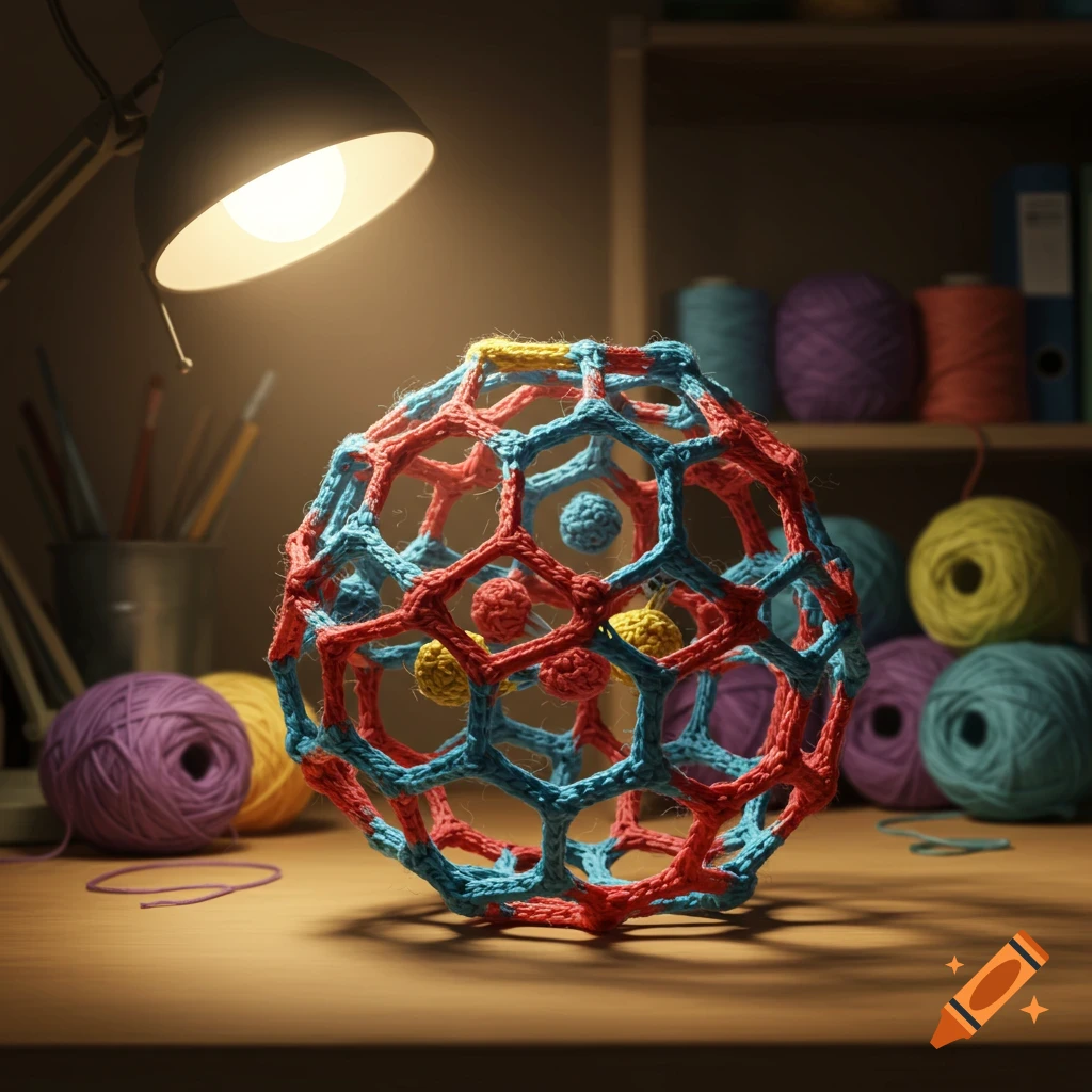A photorealistic crocheted bucky ball model, red and blue with yellow accents, sits on a wooden desk lit by a lamp, surrounded by colorful yarn.