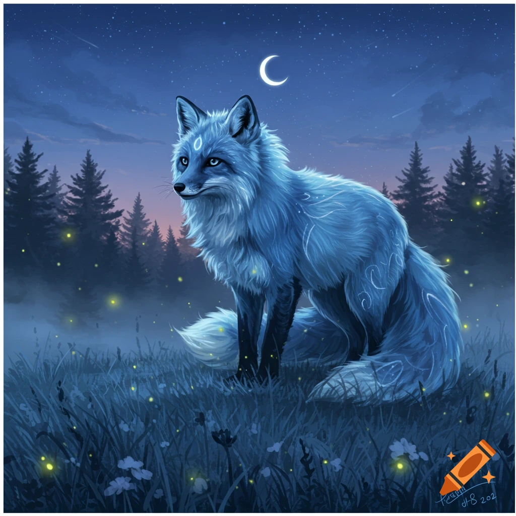 A mystical blue fox with glowing white markings sits in a dark forest at night, surrounded by fireflies and under a crescent moon.