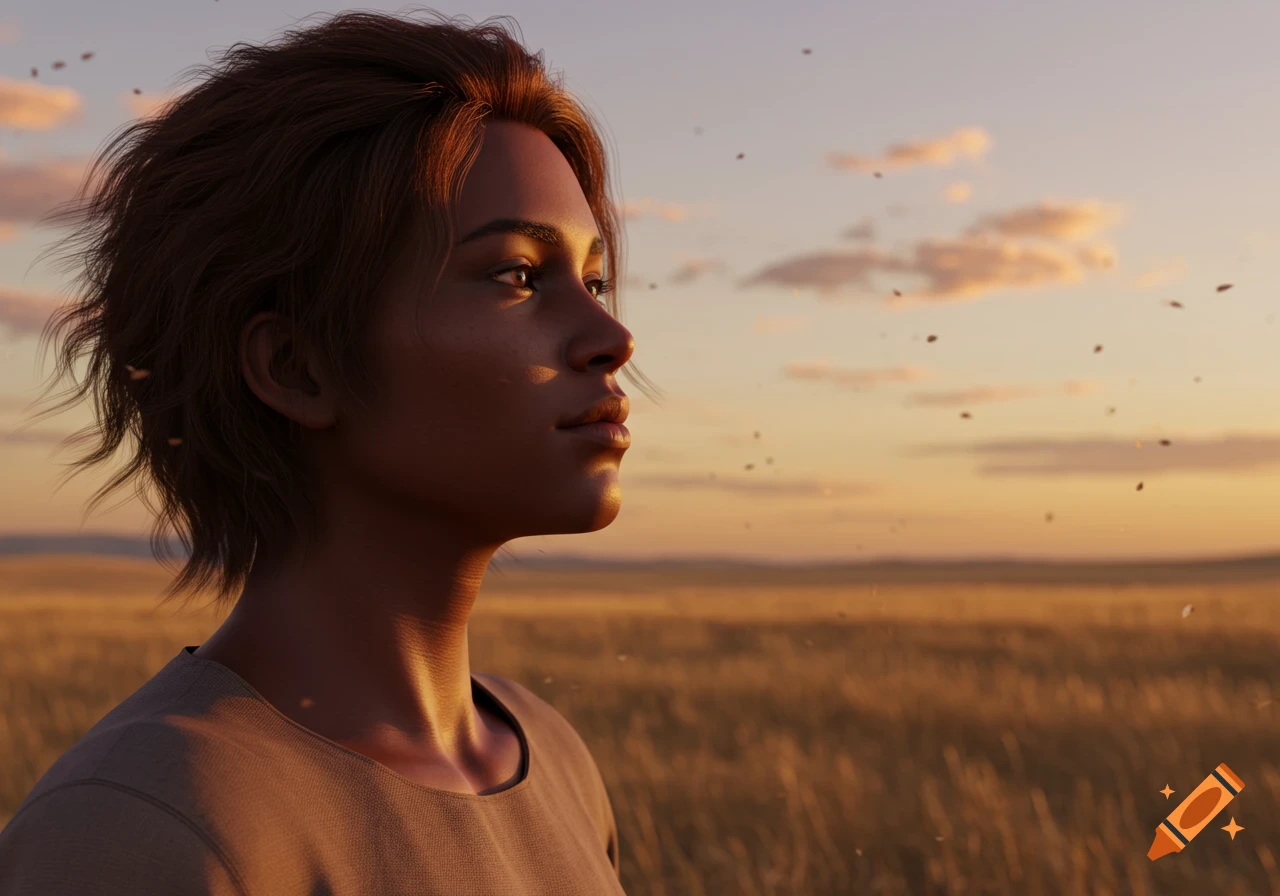 A photorealistic portrait of a woman with short brown hair looking into the distance in a golden field at sunset.