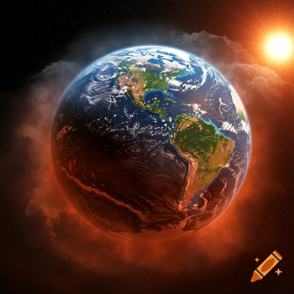 The Earth engulfed in fiery red and orange clouds in space, with a bright sun nearby, symbolizing global warming.